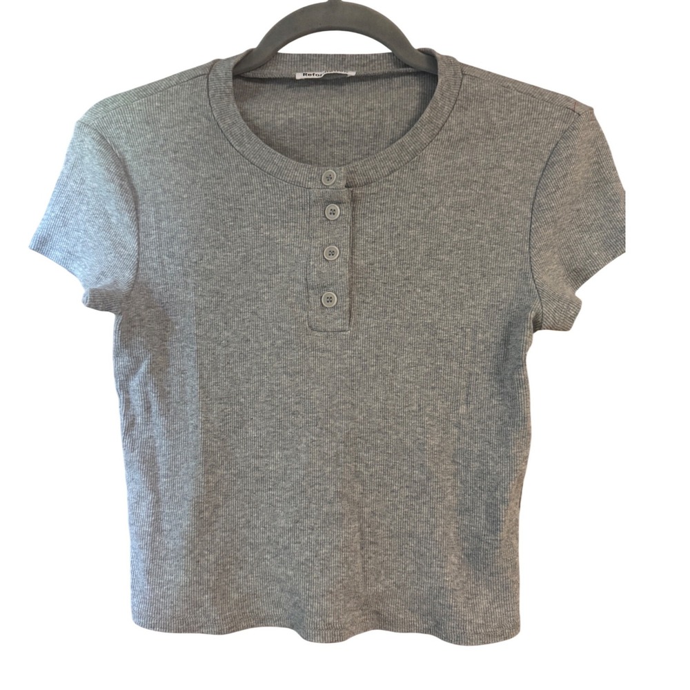 Reformation Heather Gray Ribbed Henley Short Sleeve Top Organic Cotton Size M